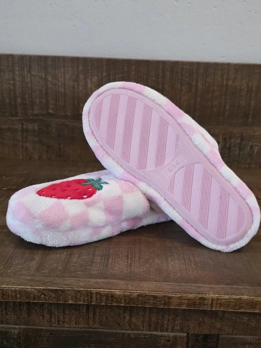 Pink Check Strawberry Kids Slippers